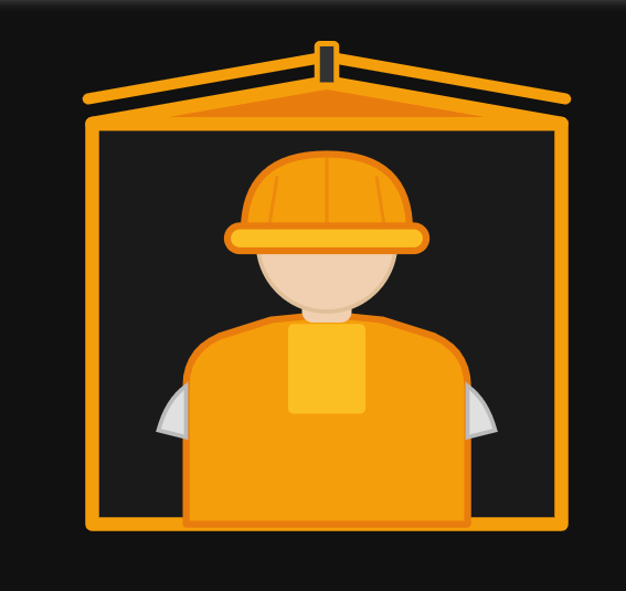 PowerHouse builder partner icon: hard-hat figure framed by an orange polygonal home outline