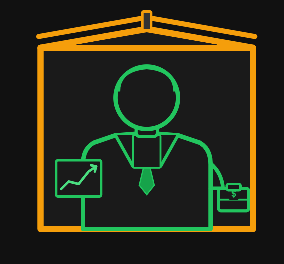 PowerHouse investor partner icon: figure with growth chart and briefcase framed by an orange polygonal home outline