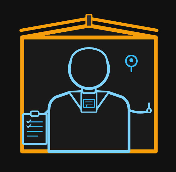 PowerHouse regional representative icon: figure with clipboard and badge framed by an orange polygonal home outline